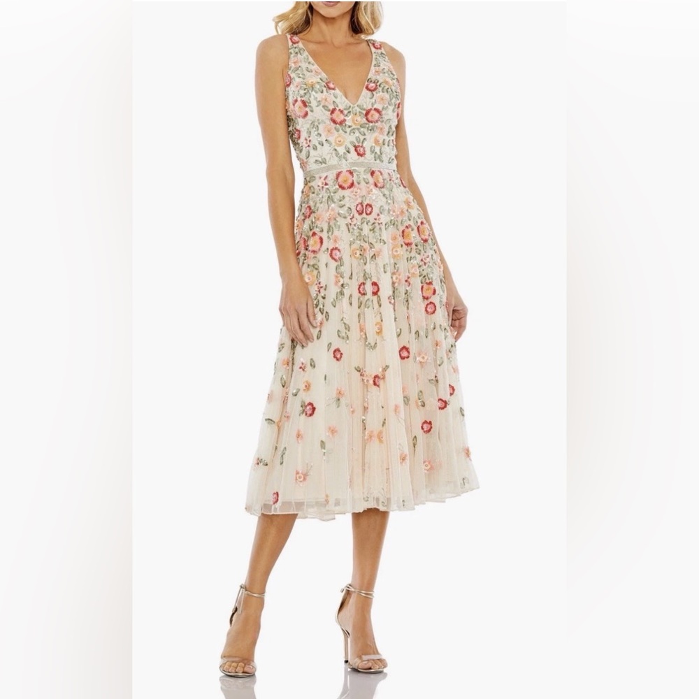 NWT Mac Duggal Cream Midi Dress with Pink & Green Floral Embroidery